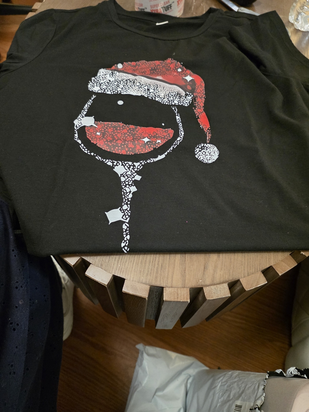Black Holiday Wine Glass Graphic Tee - Red & White Santa Hat